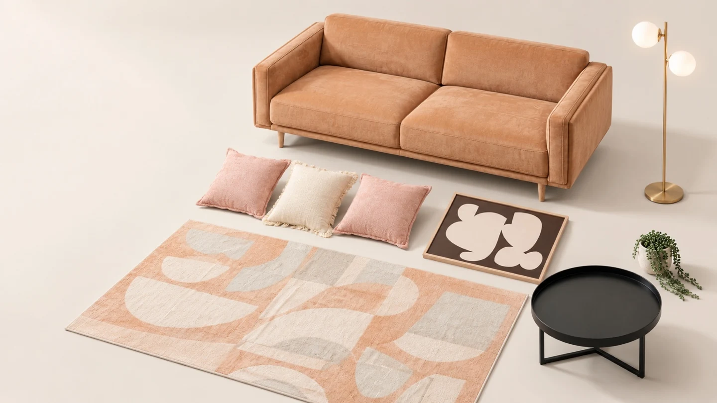 Furniture visualisation with a caramel sofa, blush cushions, a sculptural lamp and a patterned rug